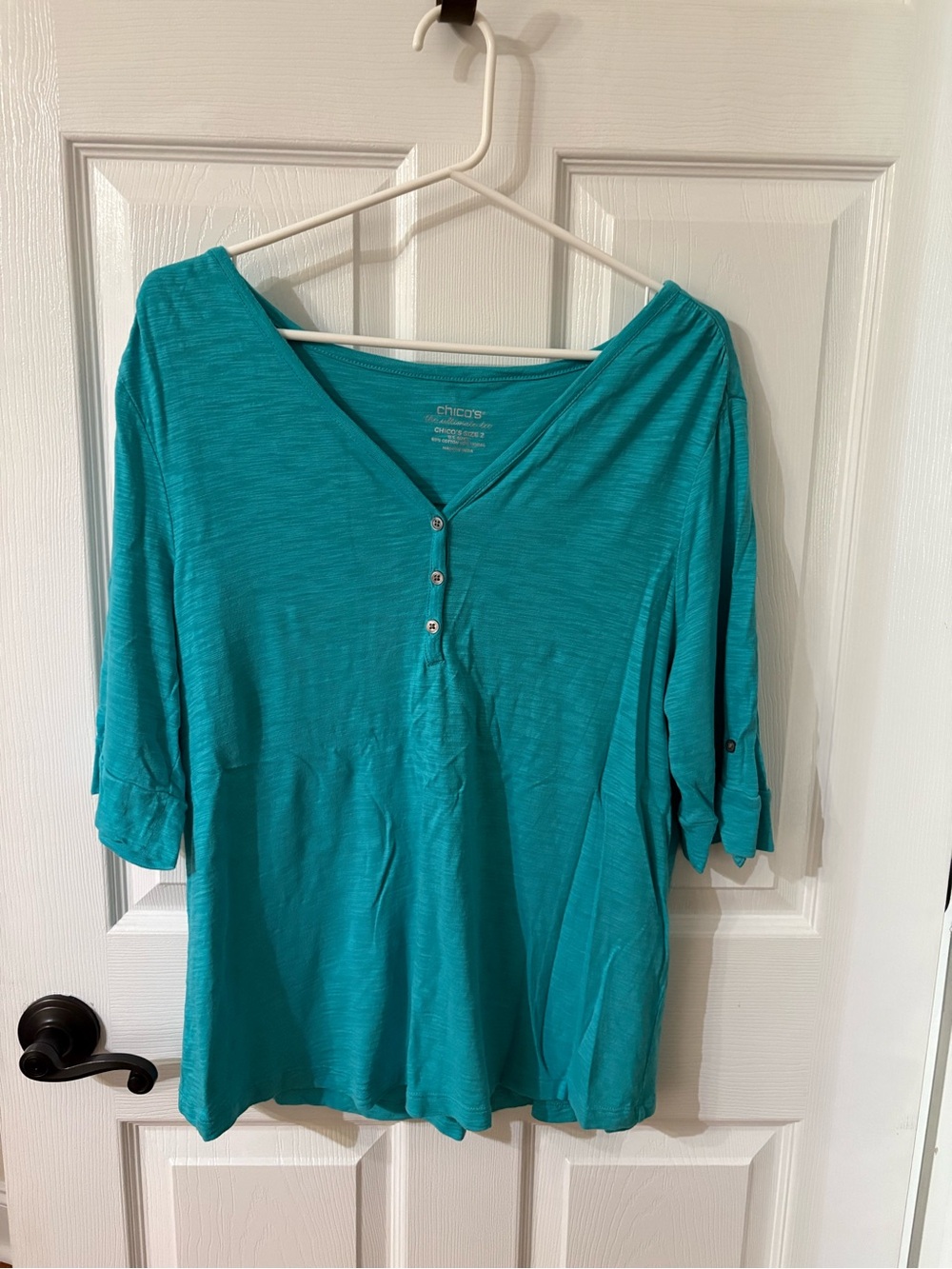 Chico's Turquoise Button-Front V-Neck Long Sleeve Tee